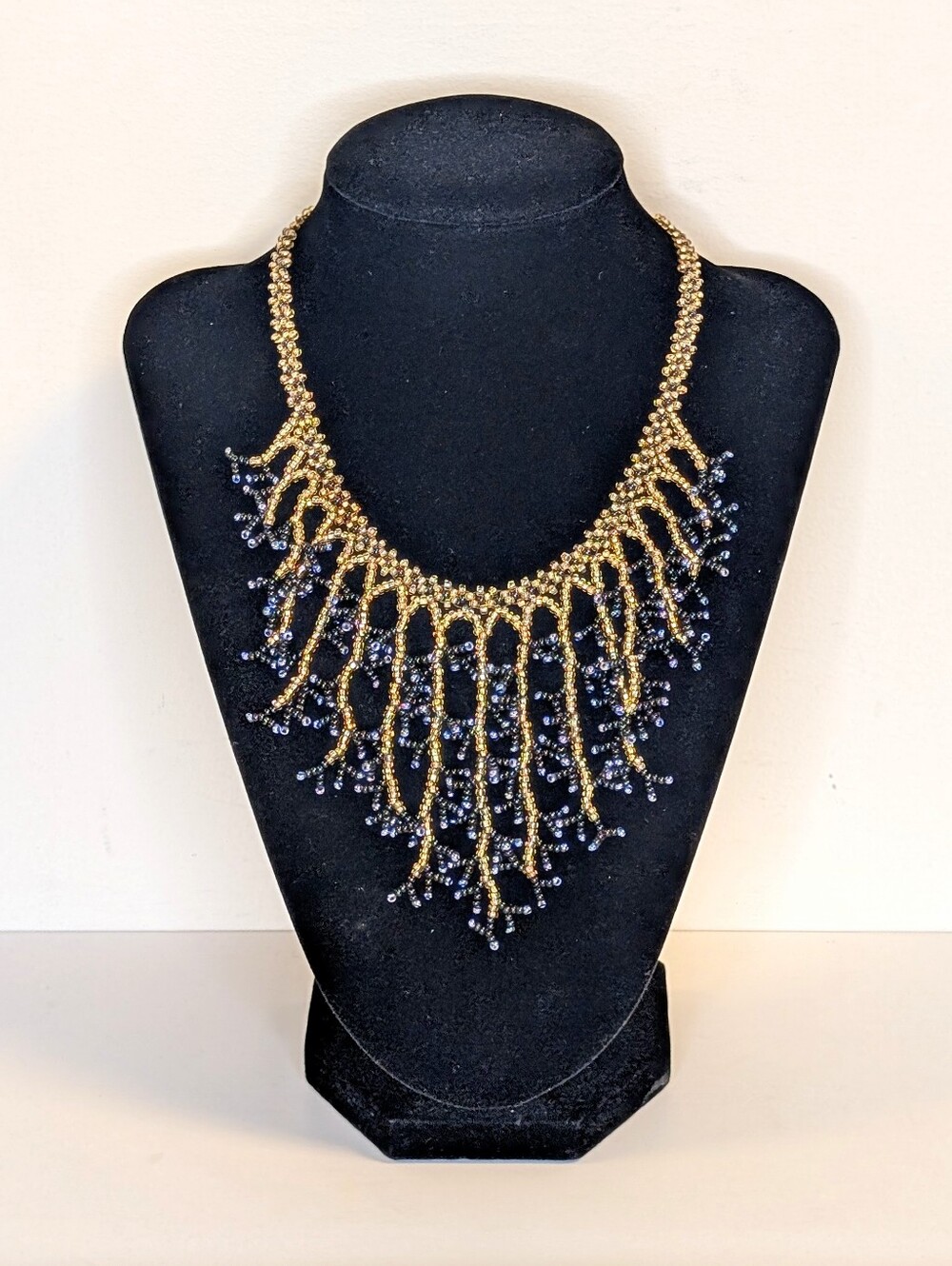Gold Black Blue Beaded Fringe Bib Statement Necklace 16"